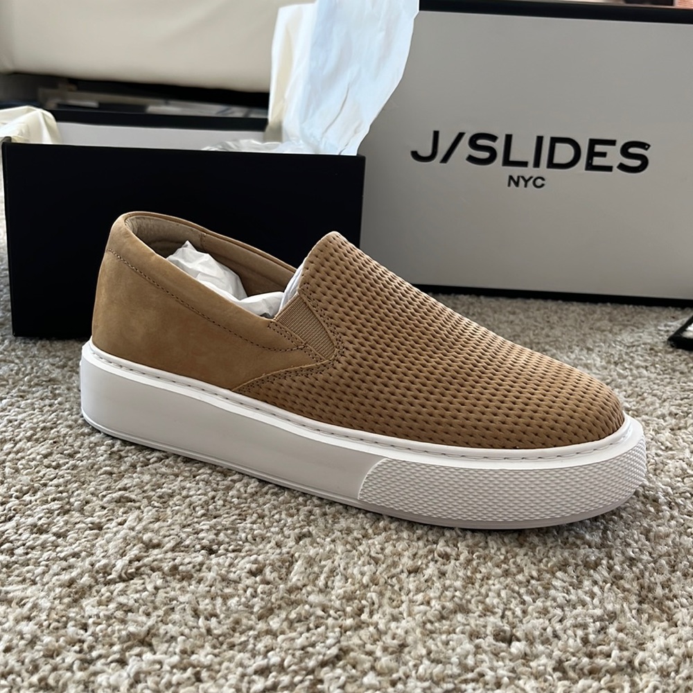 J/Slides Tan Suede Platform Slip-Ons, New in Box